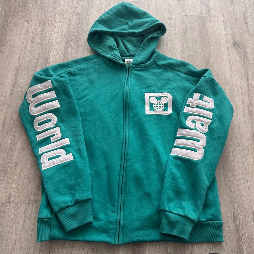 Disney World Spirit Jersey Zip Up Hoodie Teal Green Puffy Lettering Small
